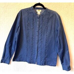 Talbots Blue Denim Jean Button Up Blouse Ruffle Detailing Large Long‎ Sleeve